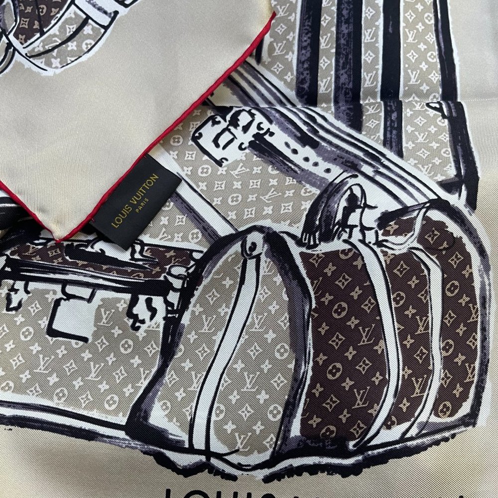 Louis Vuitton Scarf Trunks Monogram Beige Brown Silk Wrap - Picture 8 of 14